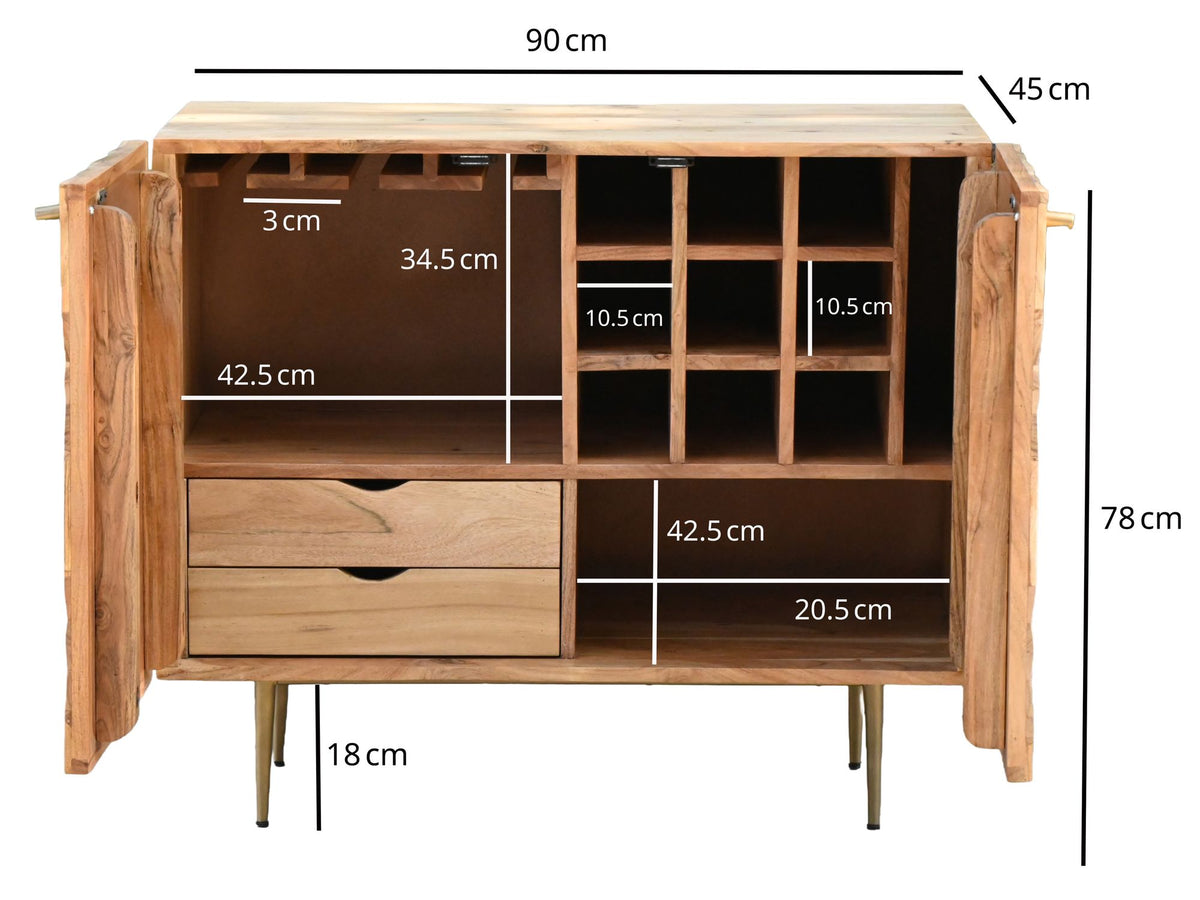 Barek z litego drewna akacjowego 90 cm z miejscem na wino, szufladami i złotymi metalowymi nogami.
