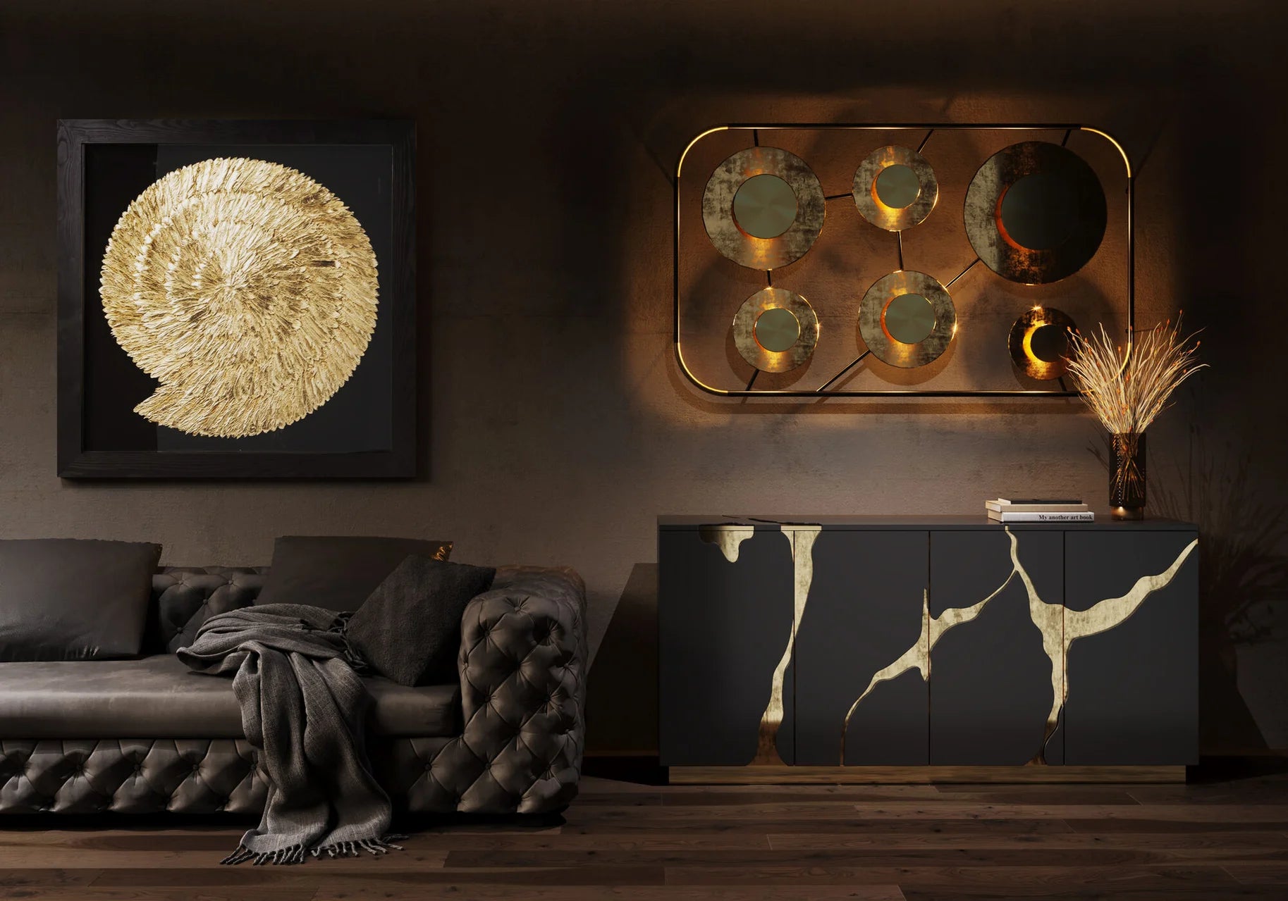 Komoda czarno-złota glamour z ręcznymi złotymi wzorami i podstawą ze stali, 4-drzwiowa