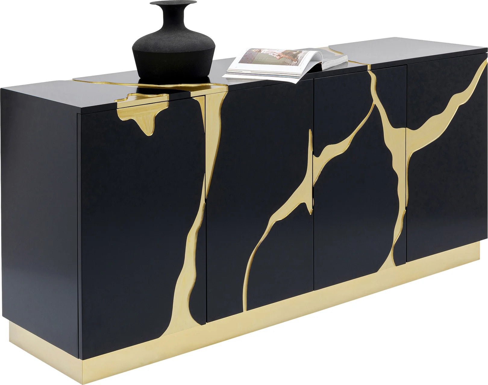 Komoda czarno-złota glamour z ręcznymi złotymi wzorami i podstawą ze stali, 4-drzwiowa