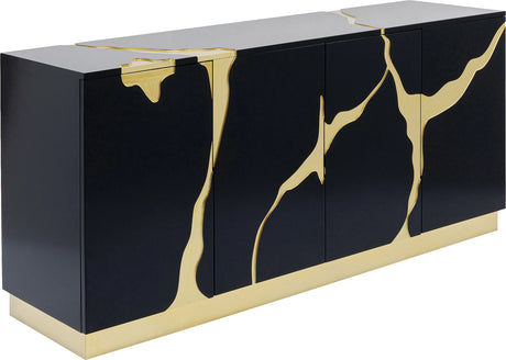 Komoda czarno-złota glamour z ręcznymi złotymi wzorami i podstawą ze stali, 4-drzwiowa