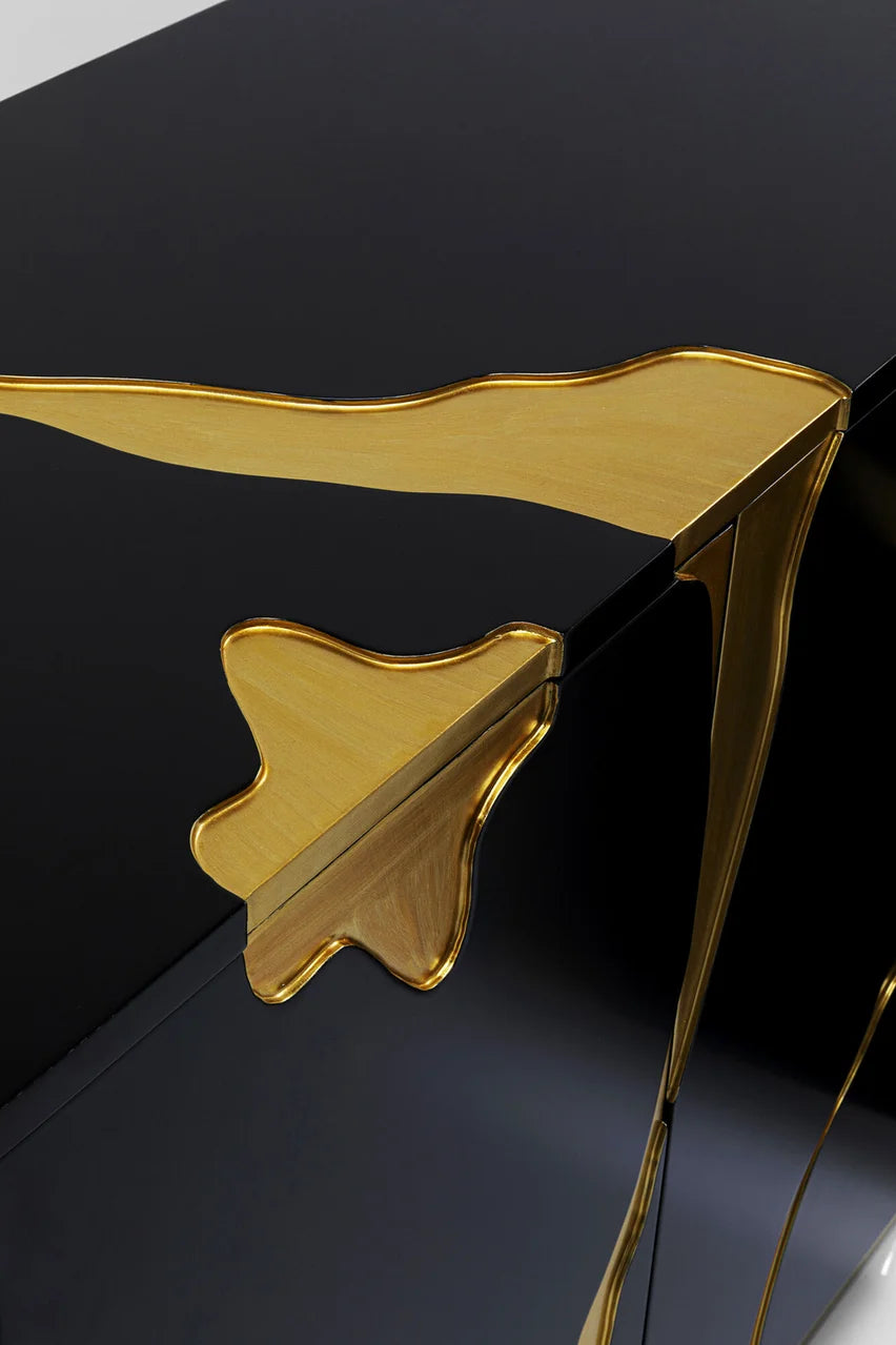 Komoda czarno-złota glamour z ręcznymi złotymi wzorami i podstawą ze stali, 4-drzwiowa