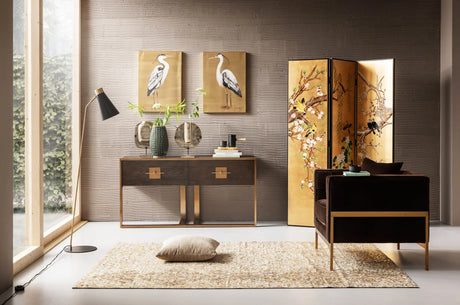 Konsola Osaka fornir jesion, dwie szuflady i złota metalowa podstawa