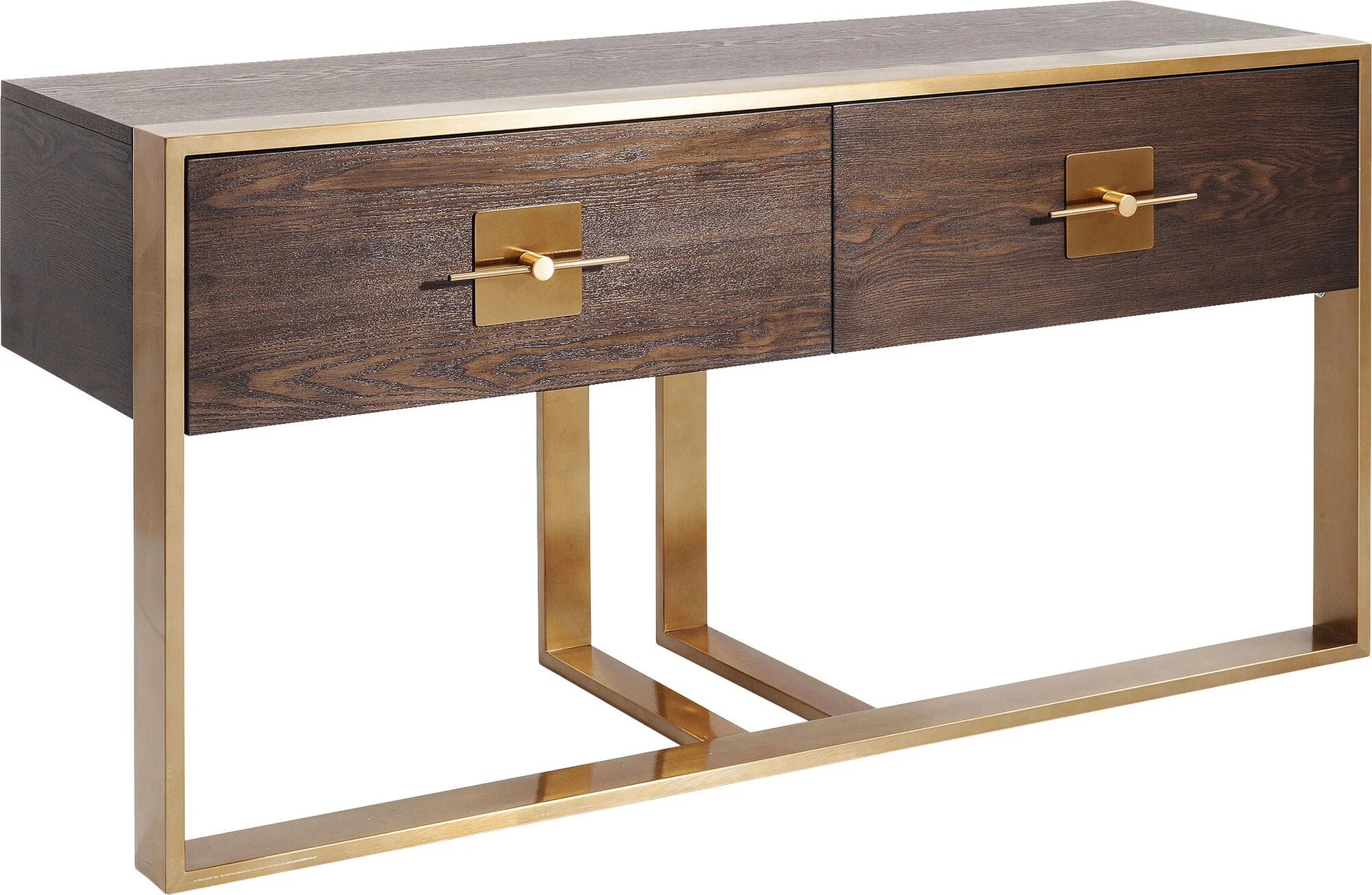 Konsola Osaka fornir jesion, dwie szuflady i złota metalowa podstawa