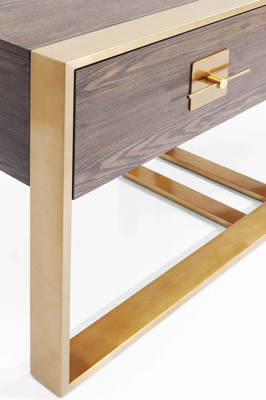 Konsola Osaka fornir jesion, dwie szuflady i złota metalowa podstawa