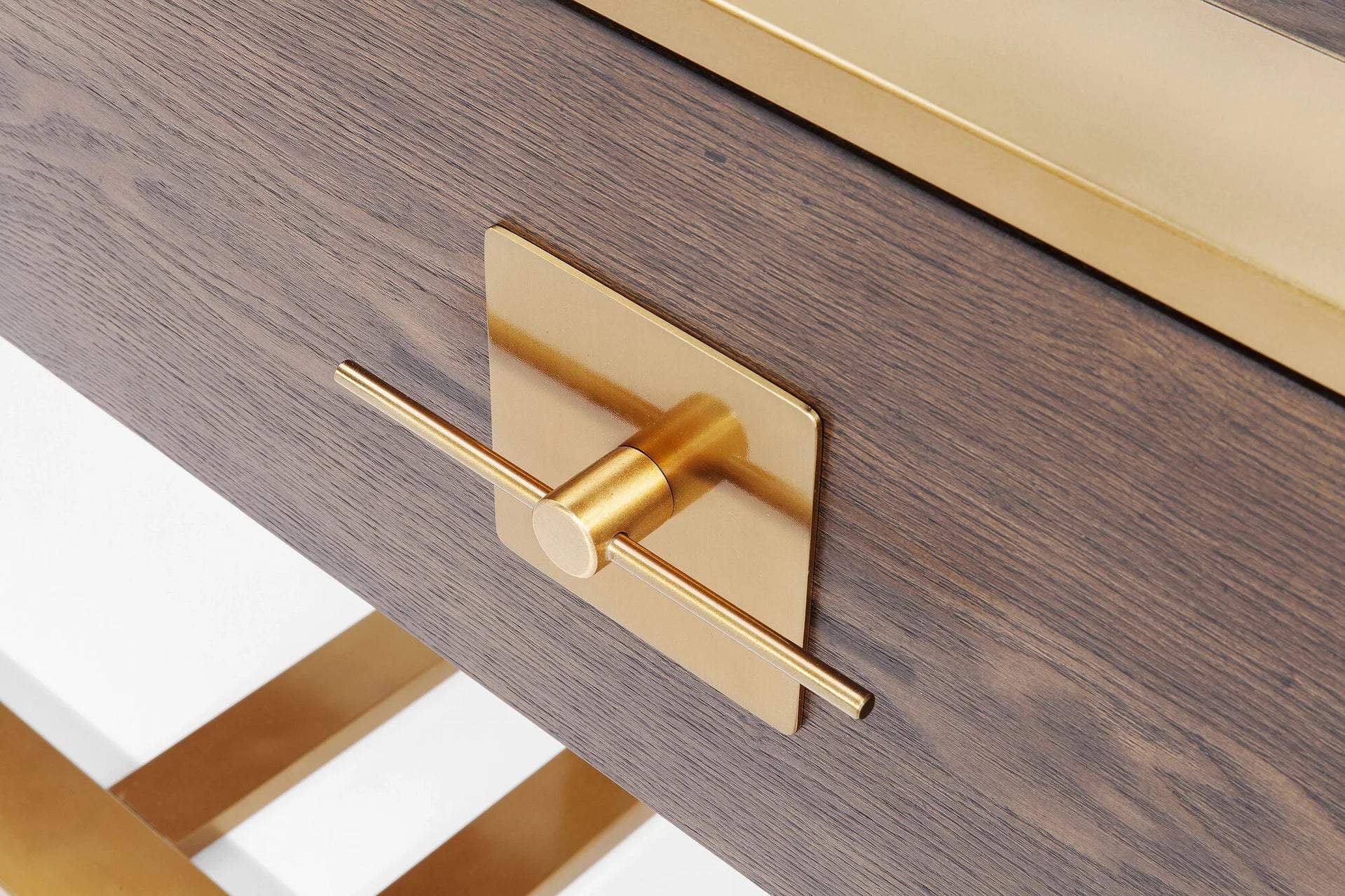 Konsola Osaka fornir jesion, dwie szuflady i złota metalowa podstawa