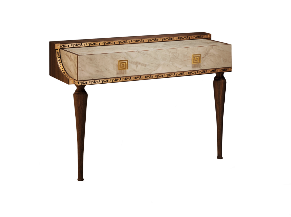 Konsola Arredoclassic Romantica z optyka marmur Carrara i orzech ze złotymi uchwytami