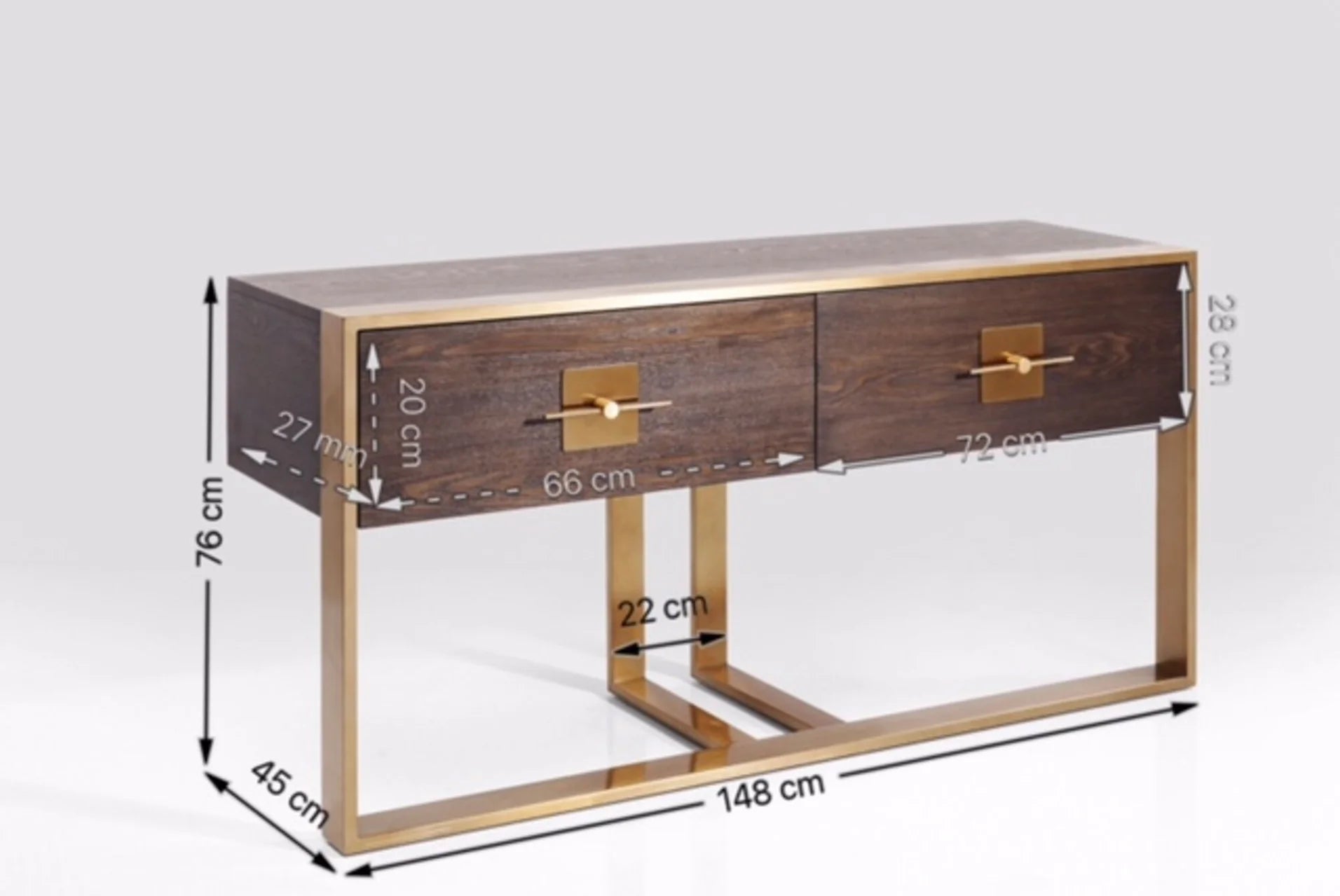 Konsola Osaka fornir jesion, dwie szuflady i złota metalowa podstawa