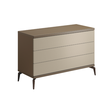 Komoda Linea z płyty meblowej na brązowych metalowych nogach, 3 szuflady, nowoczesny styl