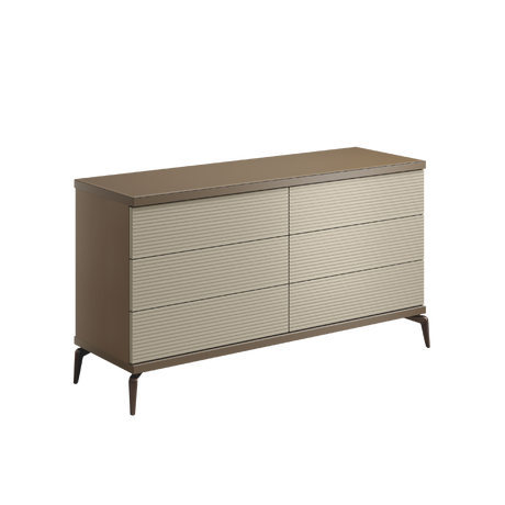 Włoska komoda Linea 6 szuflad z prążkowanymi frontami, płyta meblowa, metalowe nogi w kolorze brązu, nowoczesny włoski design