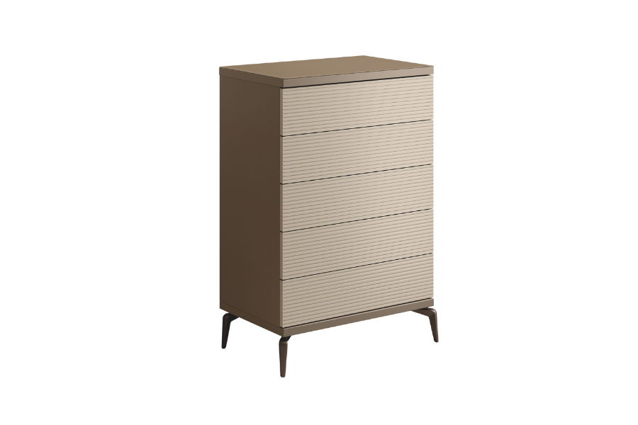 Włoska komoda Linea 5 szuflad z prążkowanymi frontami, płyta meblowa, metalowe nogi w kolorze brązu, nowoczesny włoski design