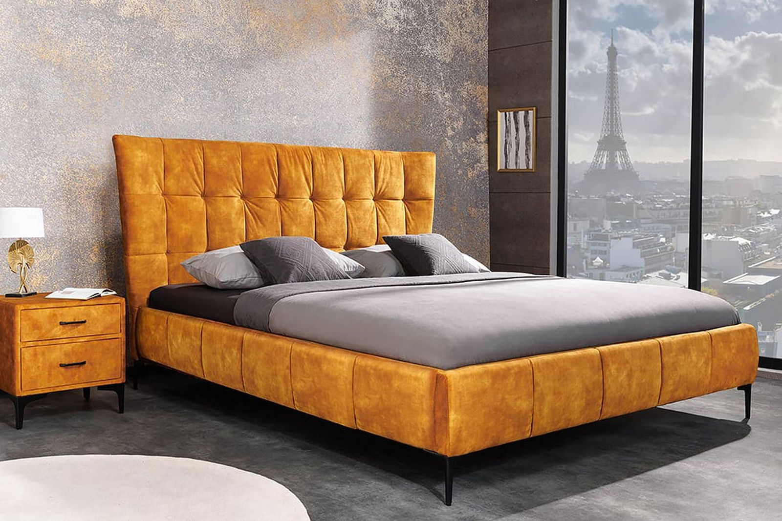 ŁÓŻKO BOUTIQUE MUSZTARDOWO ŻÓŁTY AKSAMIT 160 X 200 CM / 41666 / INVICTA INTERIOR