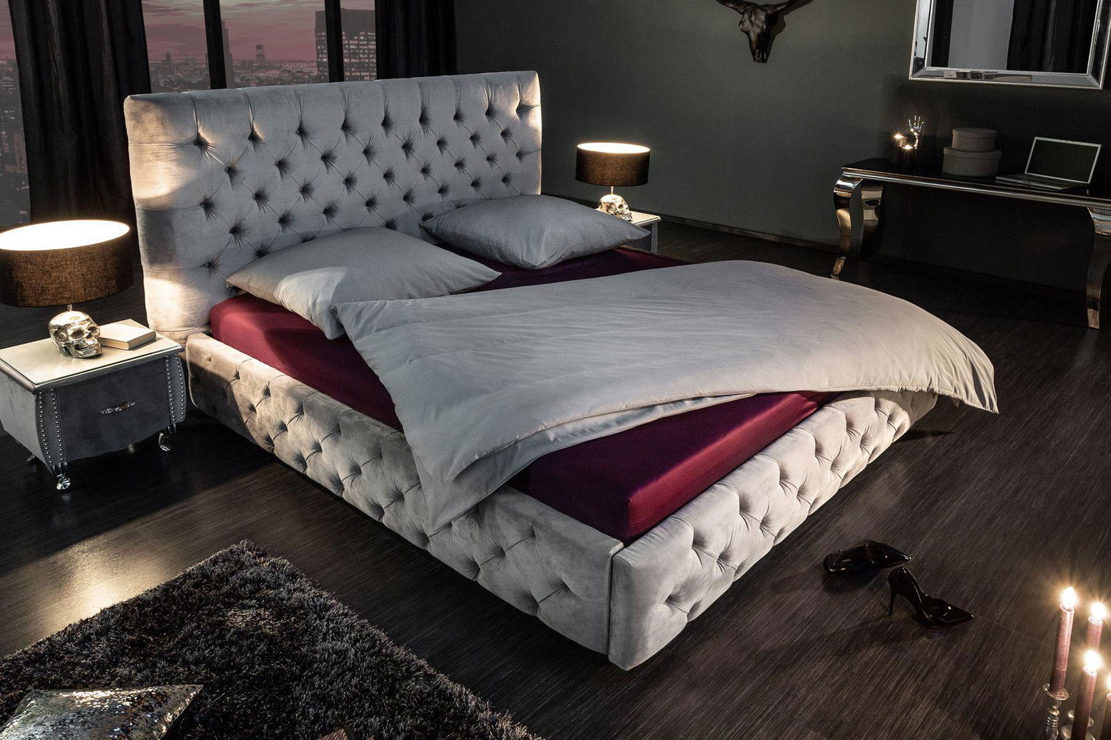 ŁÓŻKO PARIS 180 szary aksamit / 39992  / INVICTA INTERIOR