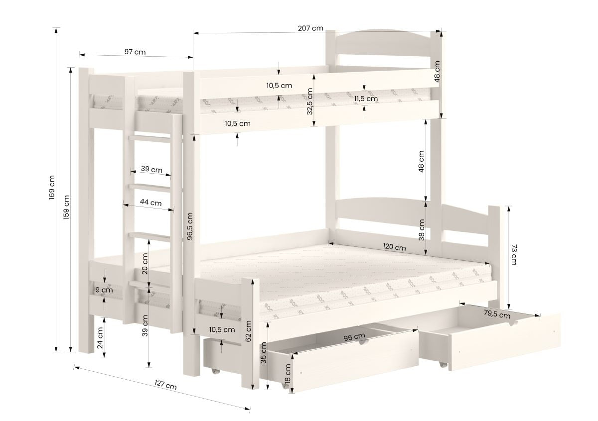 Łóżko piętrowe z szufladami Lovic lewostronne - sosna, 90x200/120x200