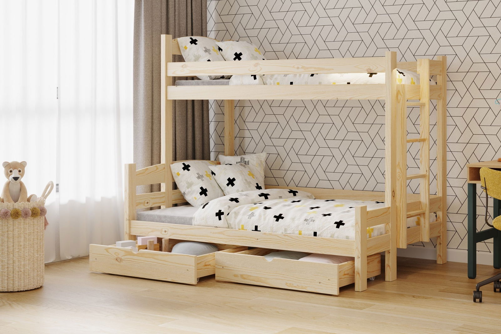 Łóżko piętrowe z szufladami Lovic lewostronne - sosna, 90x200/120x200