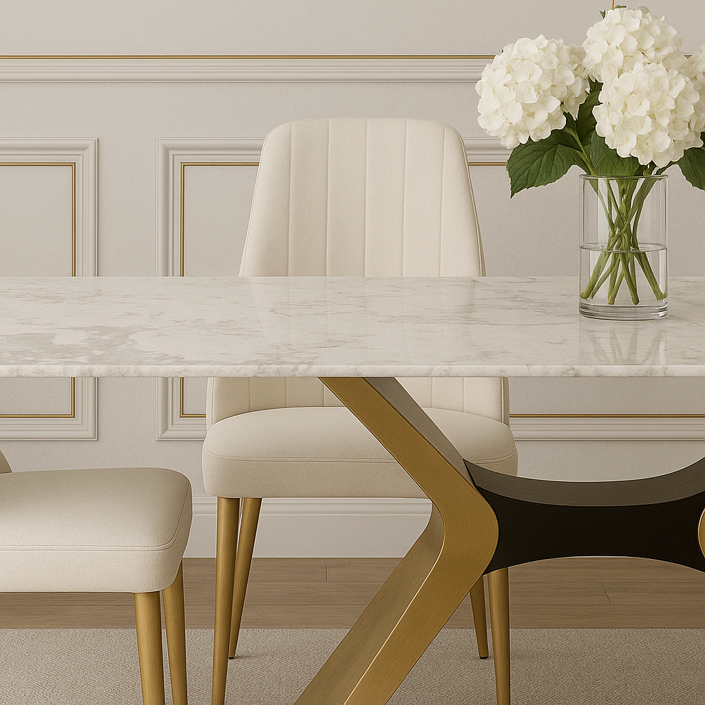 Stół z białym, marmurowym blatem i złotą podstawą X, czarny łącznik, połysk blatu, nowoczesny design