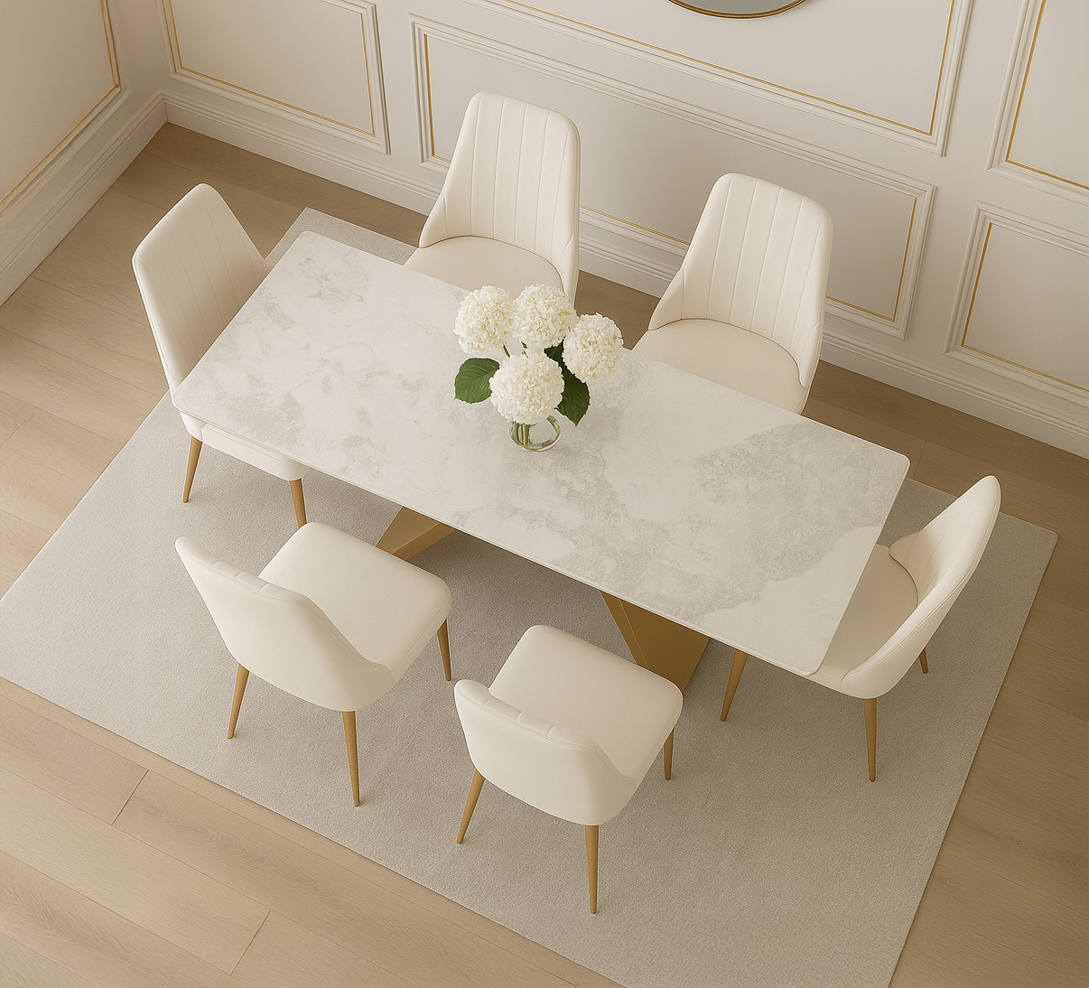 Stół z białym, marmurowym blatem i złotą podstawą X, czarny łącznik, połysk blatu, nowoczesny design