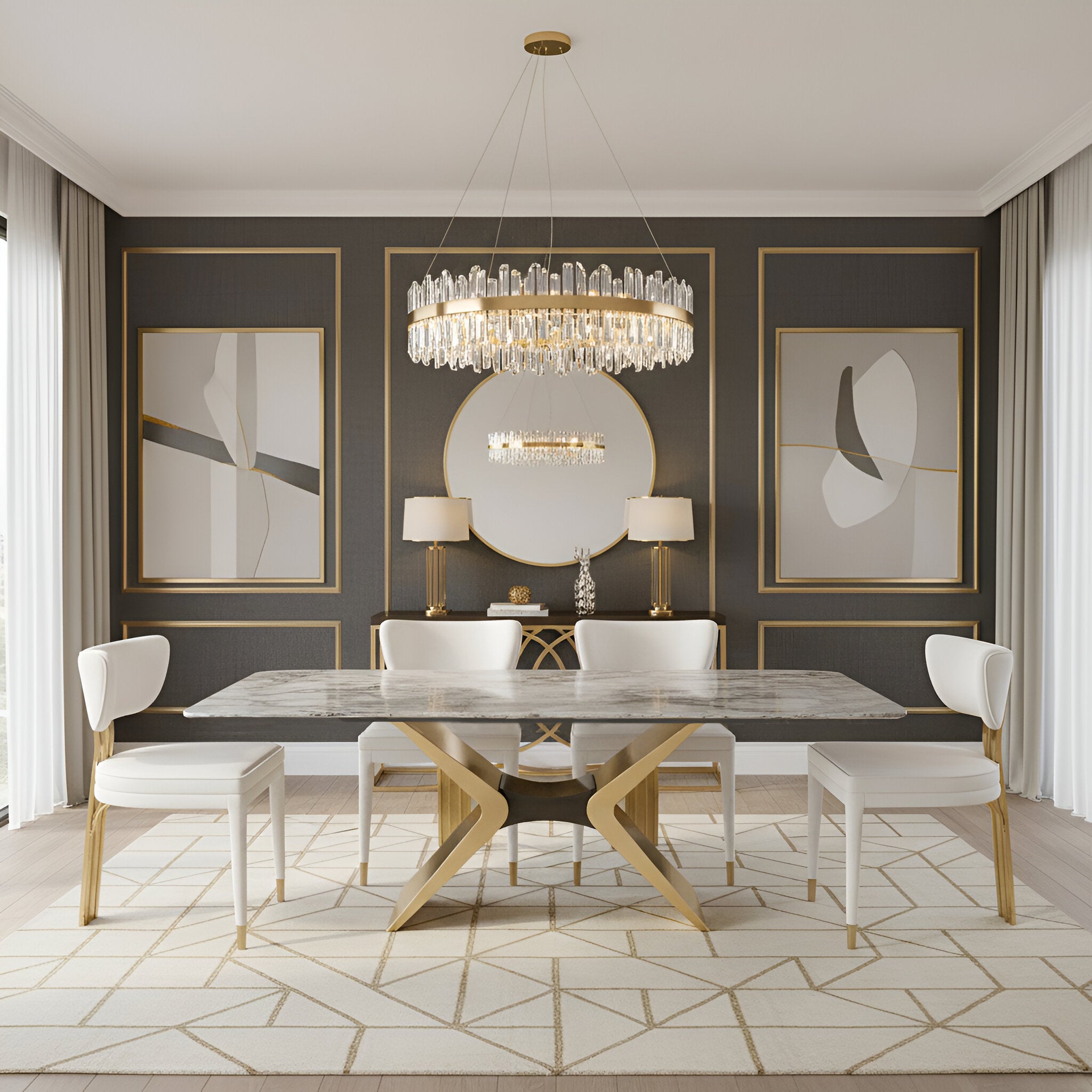 Stół z białym, marmurowym blatem i złotą podstawą X, czarny łącznik, połysk blatu, nowoczesny design