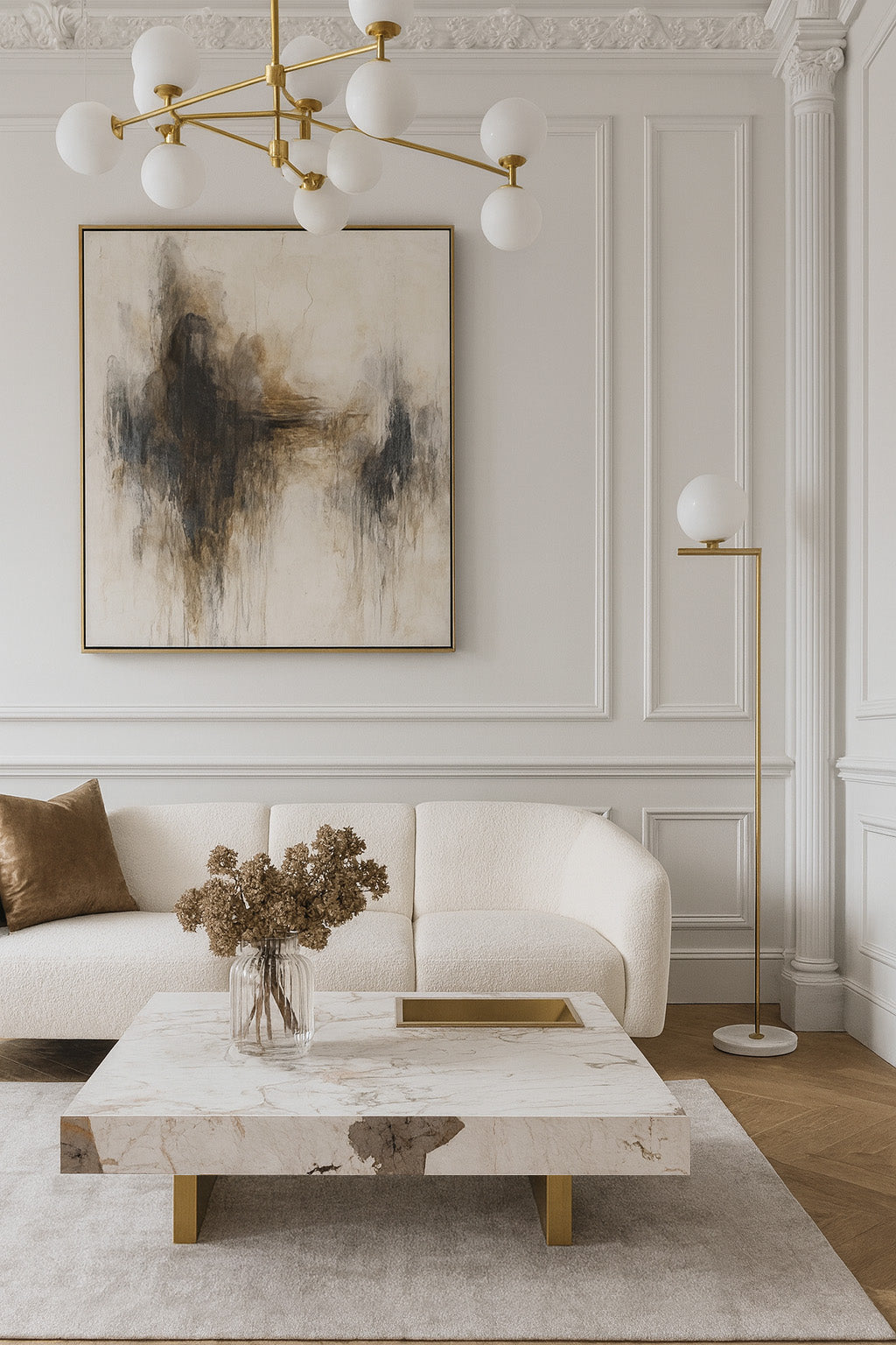 Stolik kawowy kwadratowy z białym marmurowym blatem, złotą podstawą i dekoracyjną wnęką w blacie, nowoczesny design