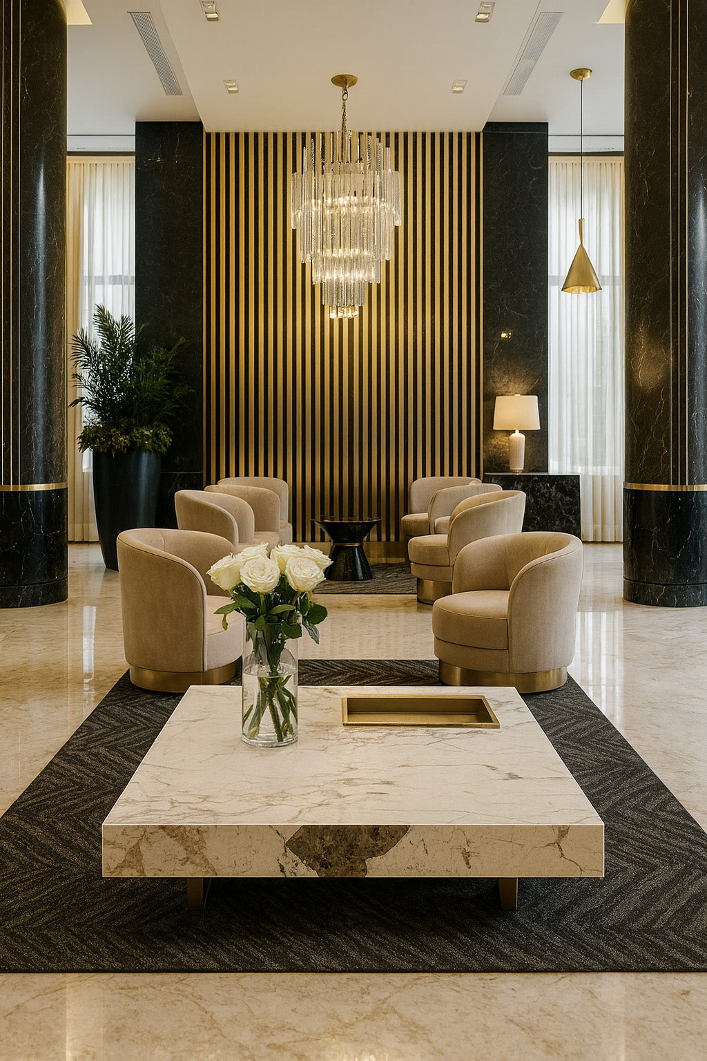 Stolik kawowy kwadratowy z białym marmurowym blatem, złotą podstawą i dekoracyjną wnęką w blacie, nowoczesny design