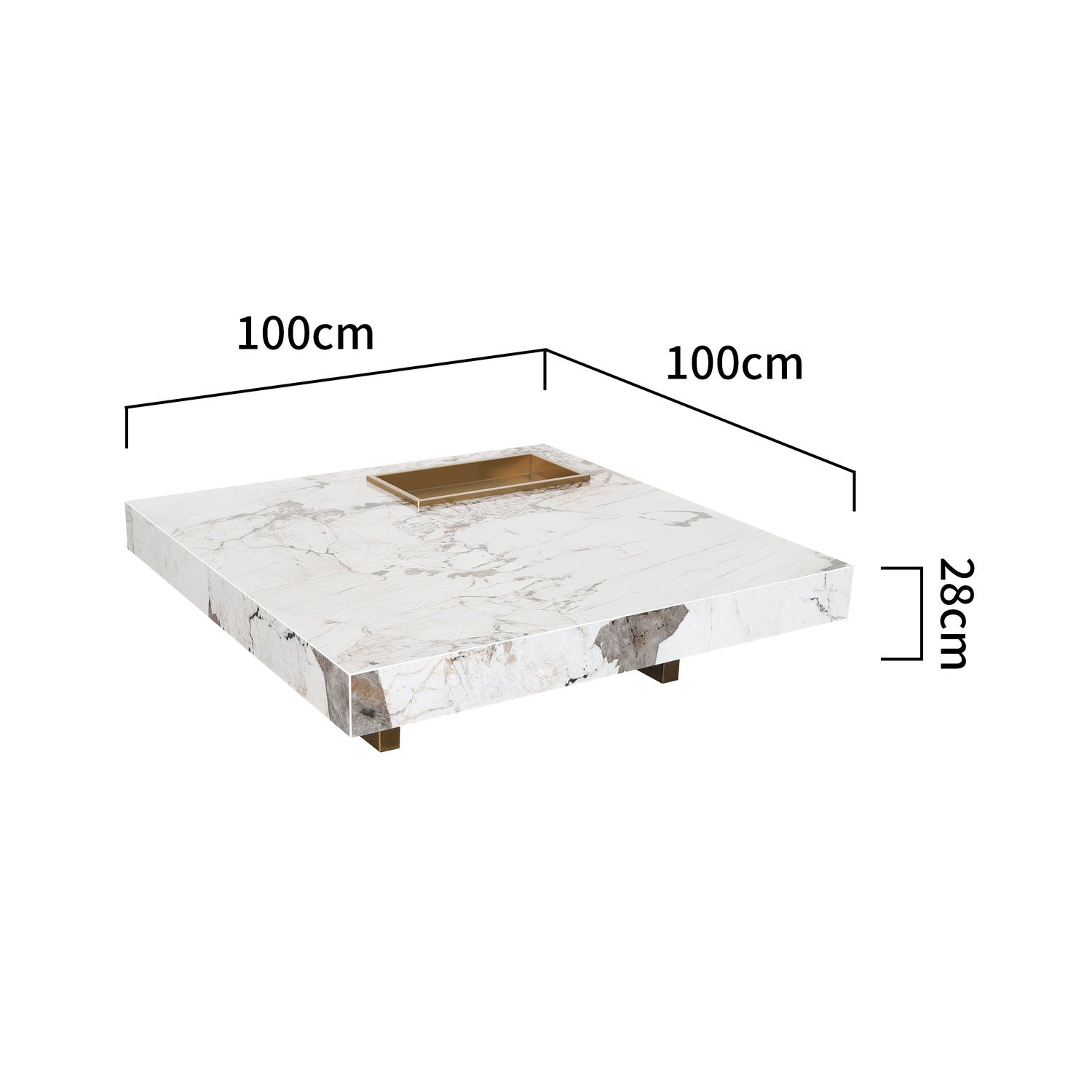Stolik kawowy kwadratowy z białym marmurowym blatem, złotą podstawą i dekoracyjną wnęką w blacie, nowoczesny design