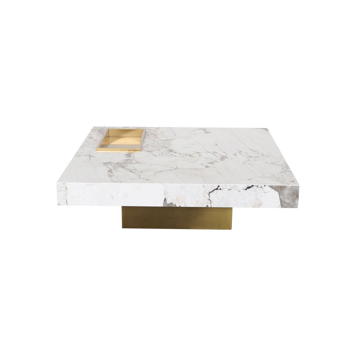 Stolik kawowy kwadratowy z białym marmurowym blatem, złotą podstawą i dekoracyjną wnęką w blacie, nowoczesny design