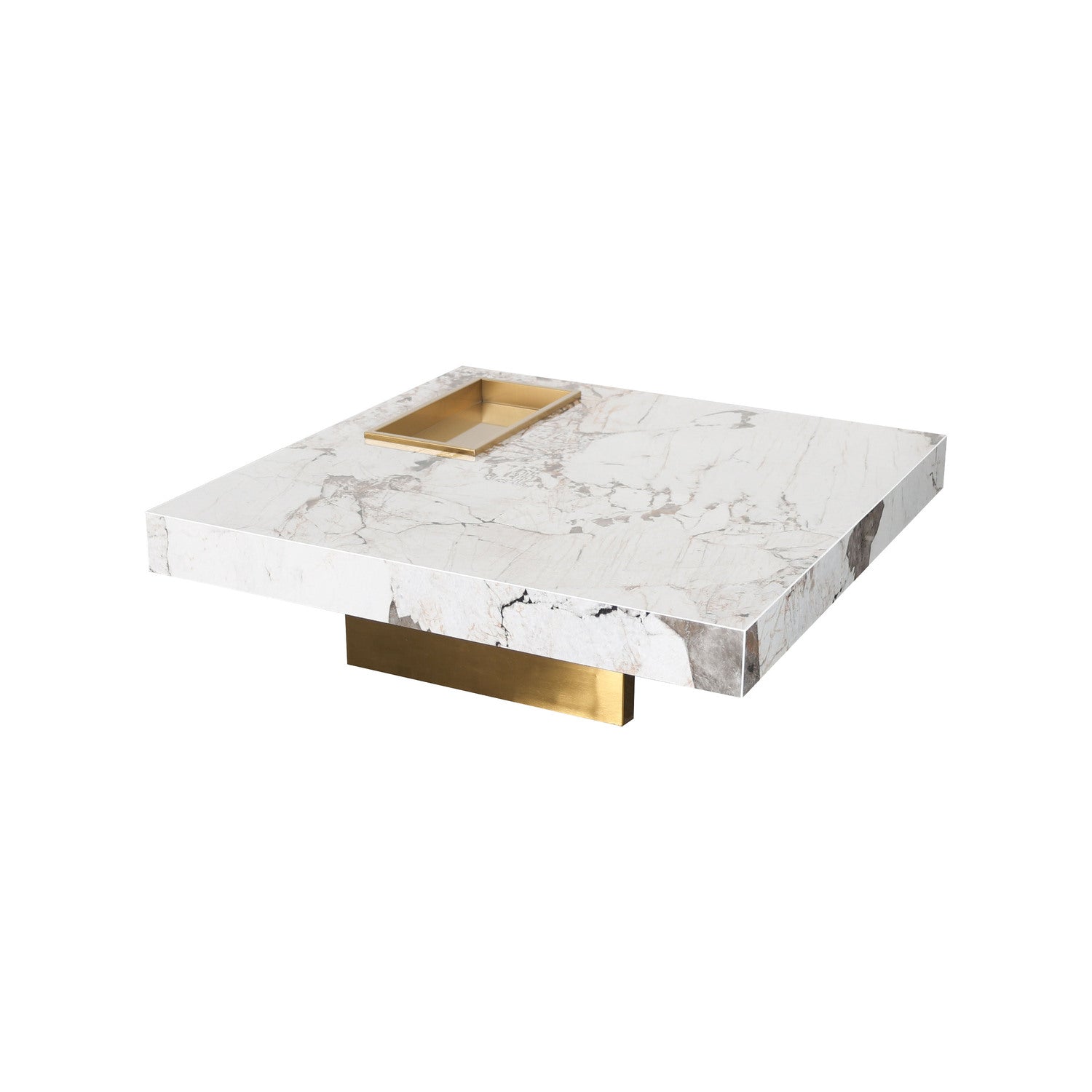 Stolik kawowy kwadratowy z białym marmurowym blatem, złotą podstawą i dekoracyjną wnęką w blacie, nowoczesny design
