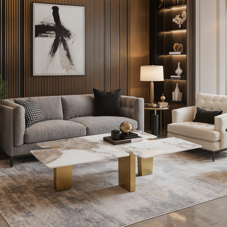 Stolik kawowy z białym, marmurowym blatem o wcięciach i złotymi, szczotkowanymi nogami, nowoczesny design
