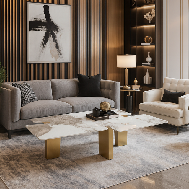Stolik kawowy z białym, marmurowym blatem o wcięciach i złotymi, szczotkowanymi nogami, nowoczesny design