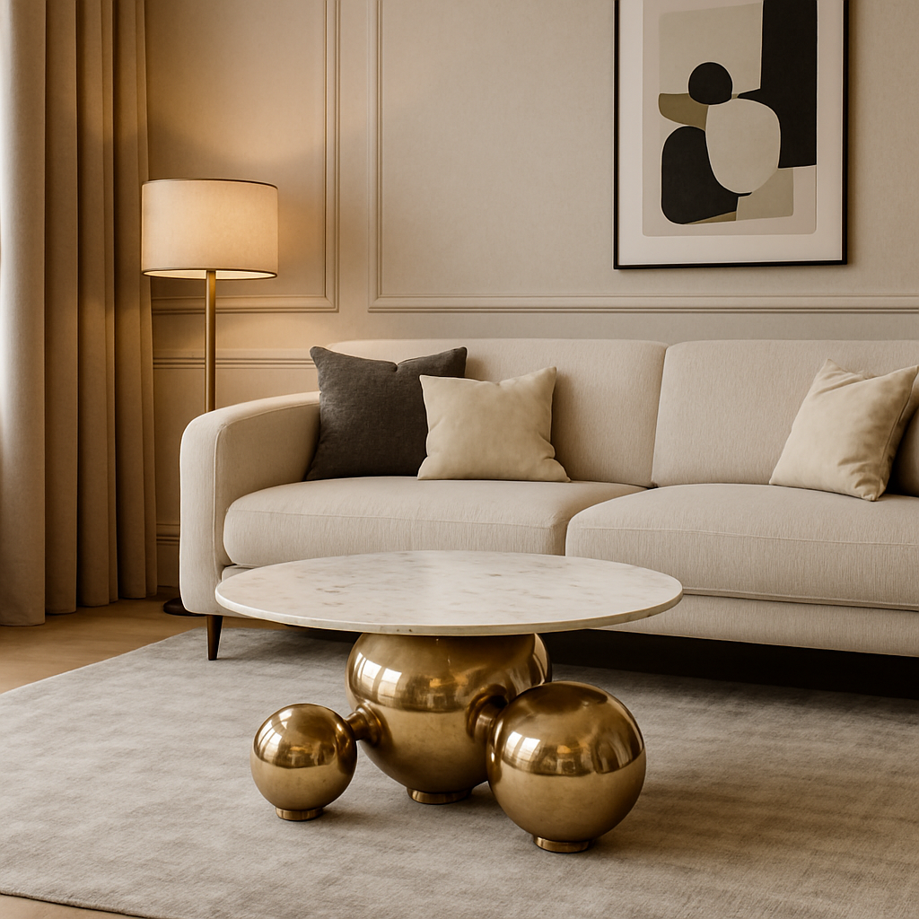 Stolik kawowy z okrągłym białym blatem marmurowym i złotą podstawą z trzech chromowanych kul, nowoczesny design