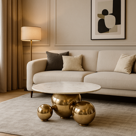 Stolik kawowy z okrągłym białym blatem marmurowym i złotą podstawą z trzech chromowanych kul, nowoczesny design