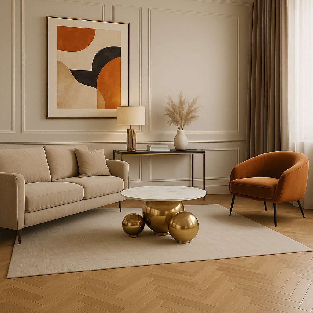 Stolik kawowy z okrągłym białym blatem marmurowym i złotą podstawą z trzech chromowanych kul, nowoczesny design