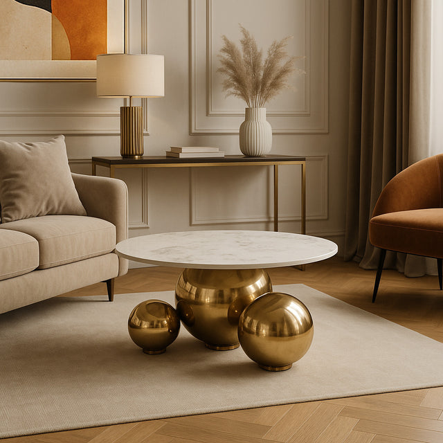 Stolik kawowy z okrągłym białym blatem marmurowym i złotą podstawą z trzech chromowanych kul, nowoczesny design