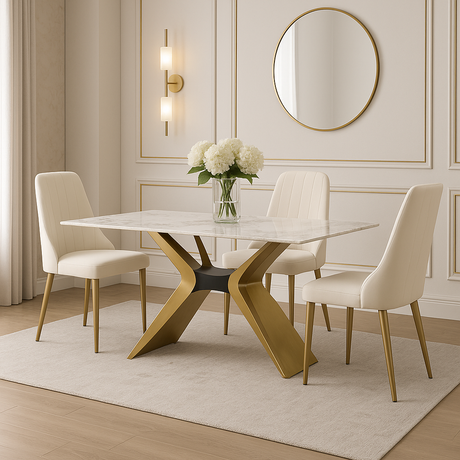 Stół z białym, marmurowym blatem i złotą podstawą X, czarny łącznik, połysk blatu, nowoczesny design