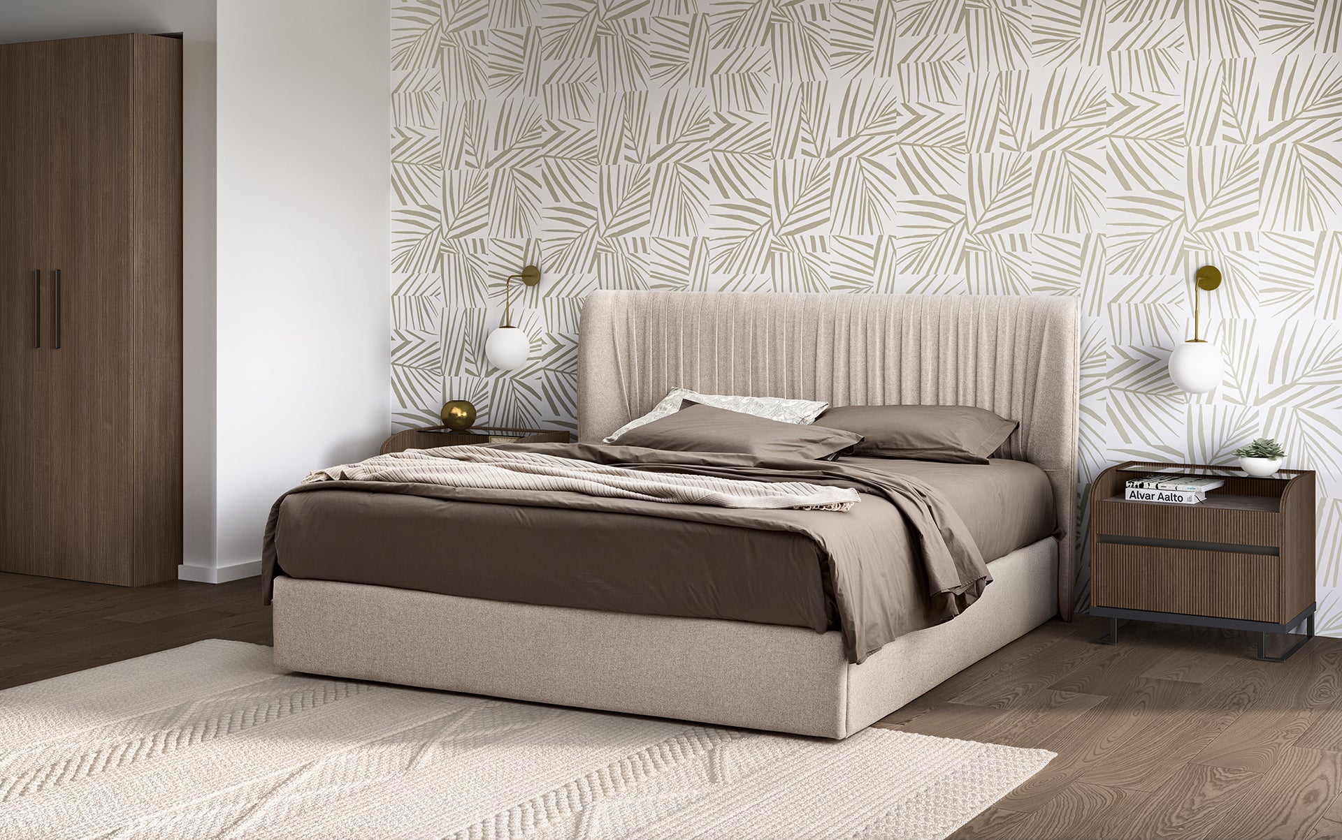 Łóżko włoskie Hexagon z pojemnikiem na pościel i plisowanym zagłówkiem w beżowej tkaninie.