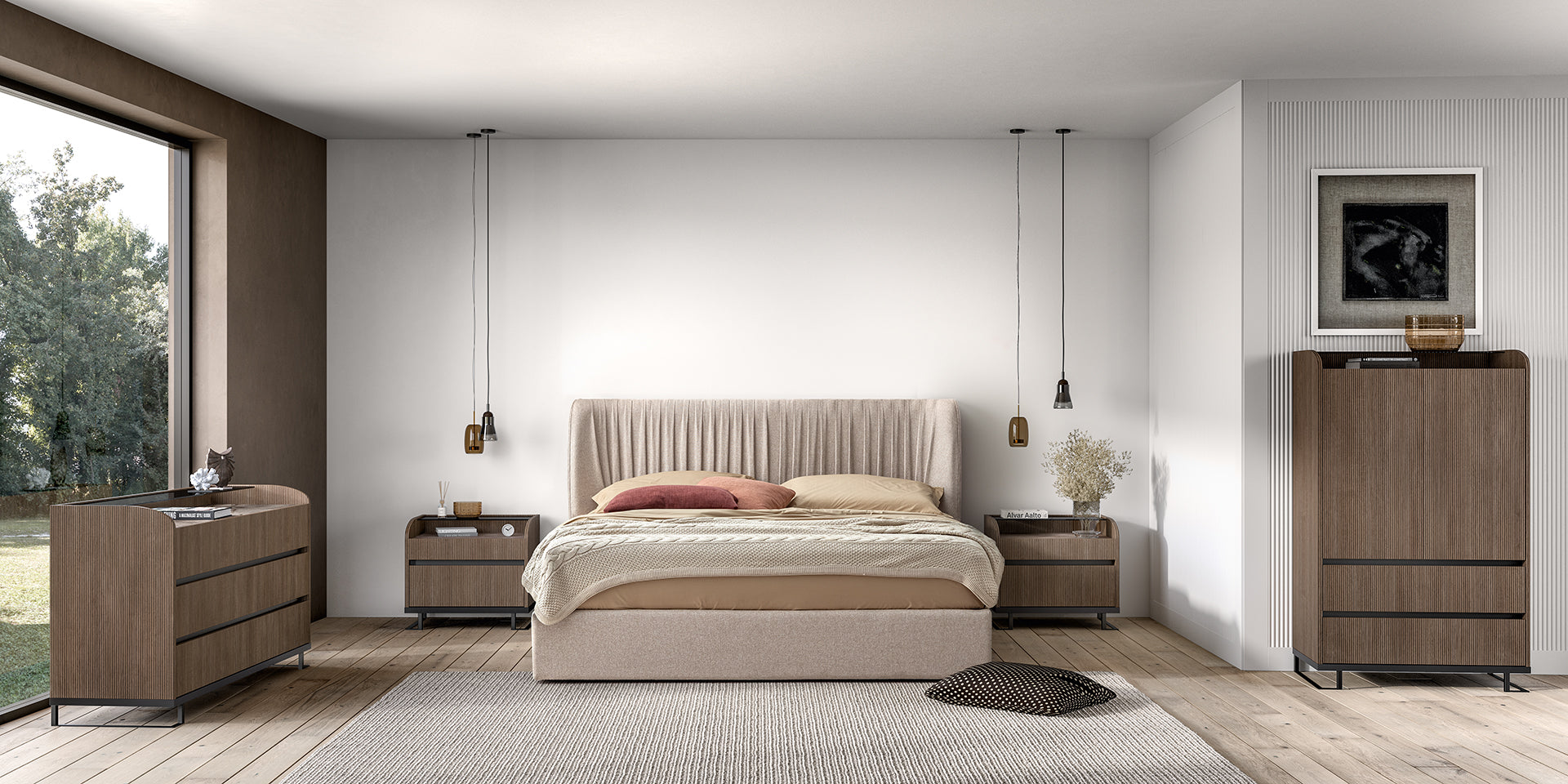 Łóżko włoskie Hexagon z pojemnikiem na pościel i plisowanym zagłówkiem w beżowej tkaninie.