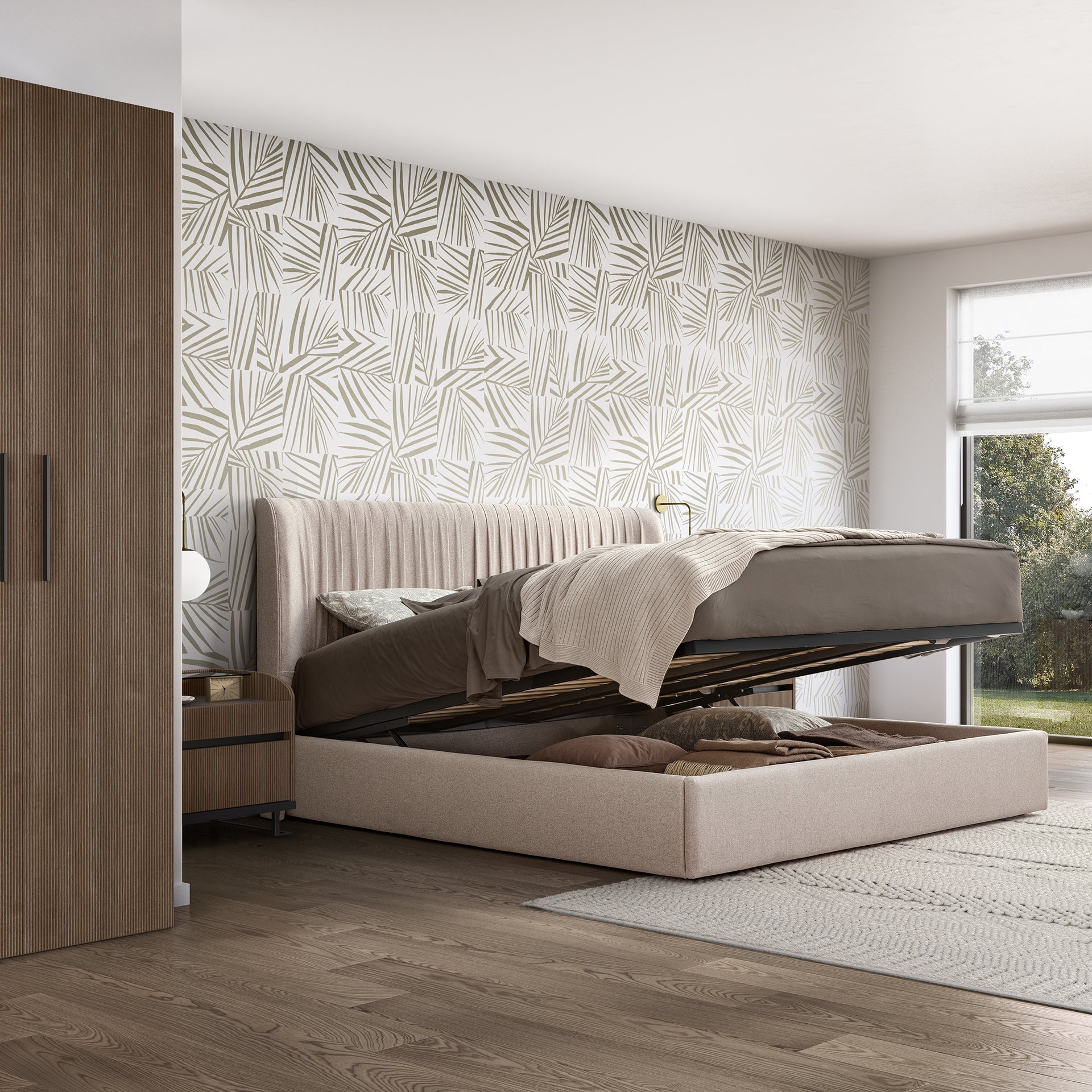 Łóżko włoskie Hexagon z pojemnikiem na pościel i plisowanym zagłówkiem w beżowej tkaninie.