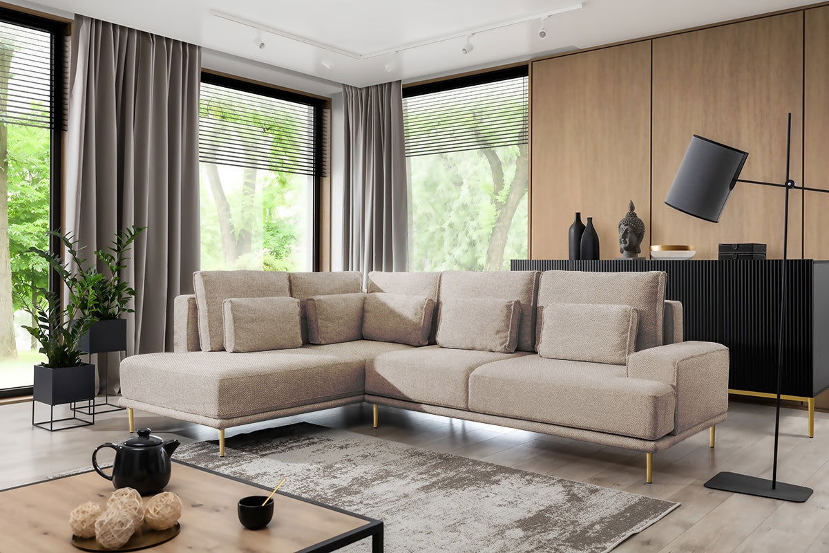 Narożnik do salonu Nicole L lewostronny - beżowa plecionka Crown 2 Beige/złote nóżki