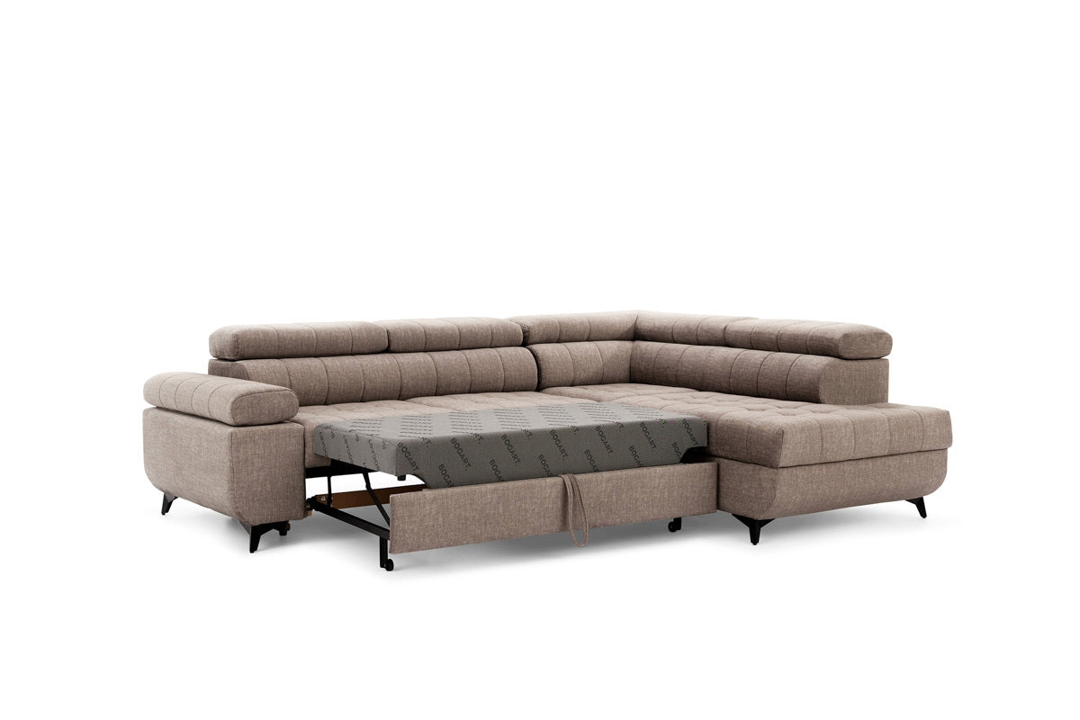 Narożnik rozkładany Dragonis prawostronny - beżowy welur hydrofobowy Vogue 4 Taupe