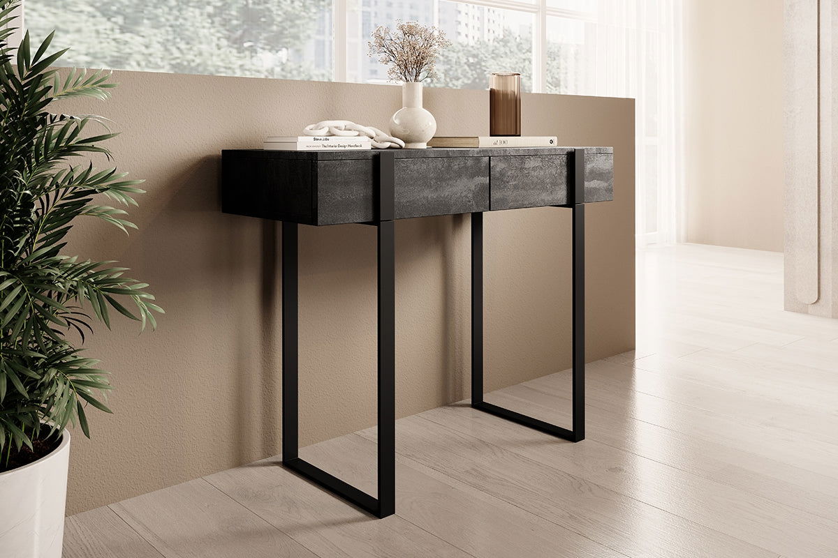 Nowoczesna konsola / toaletka Verica z metalowymi nogami 120 cm - czarny beton / czarne nóżki