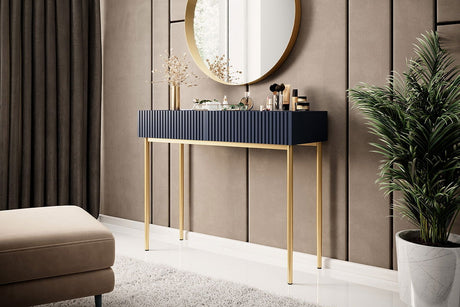 Nowoczesna konsola / toaletka z szufladami Nicole 100 cm - granat MDF / złote nóżki