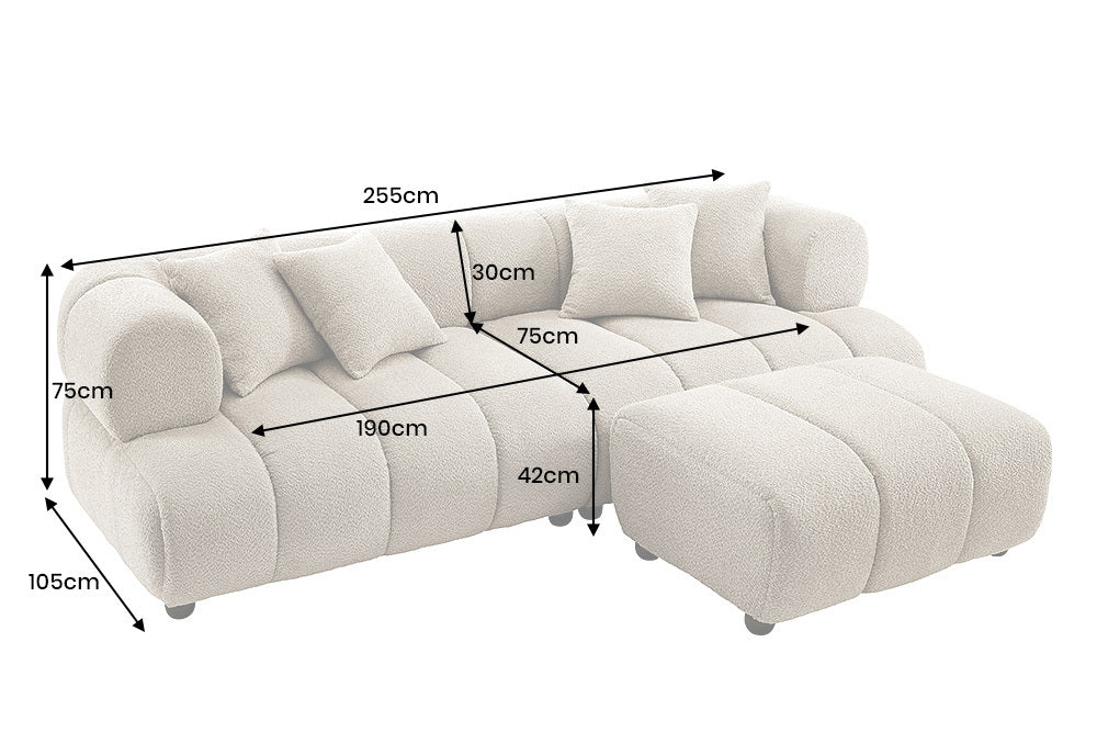 Nowoczesna beżowa sofa 255 cm, tkaninia boucle z zaokrąglonymi podłokietnikami i czterema poduszkami