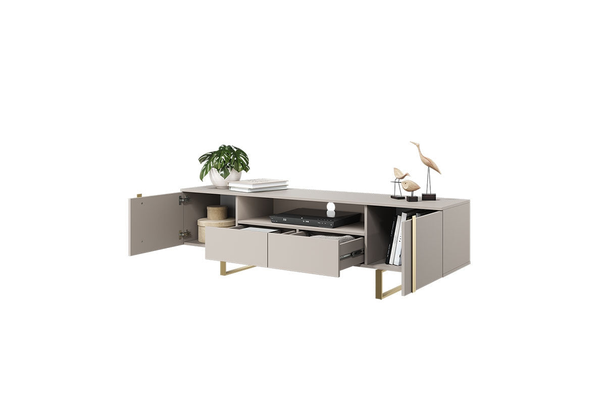 Nowoczesna szafka RTV Verica z szufladami i metalowymi nogami 200 cm - cashmere / złote nóżki