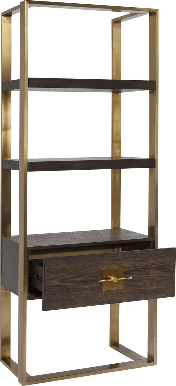 Regał Osaka z ciemnymi półkami, złotą stalową ramą i dolną szufladą