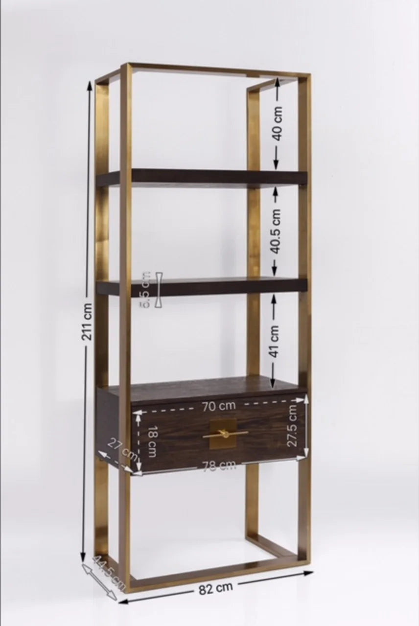 Regał Osaka z ciemnymi półkami, złotą stalową ramą i dolną szufladą