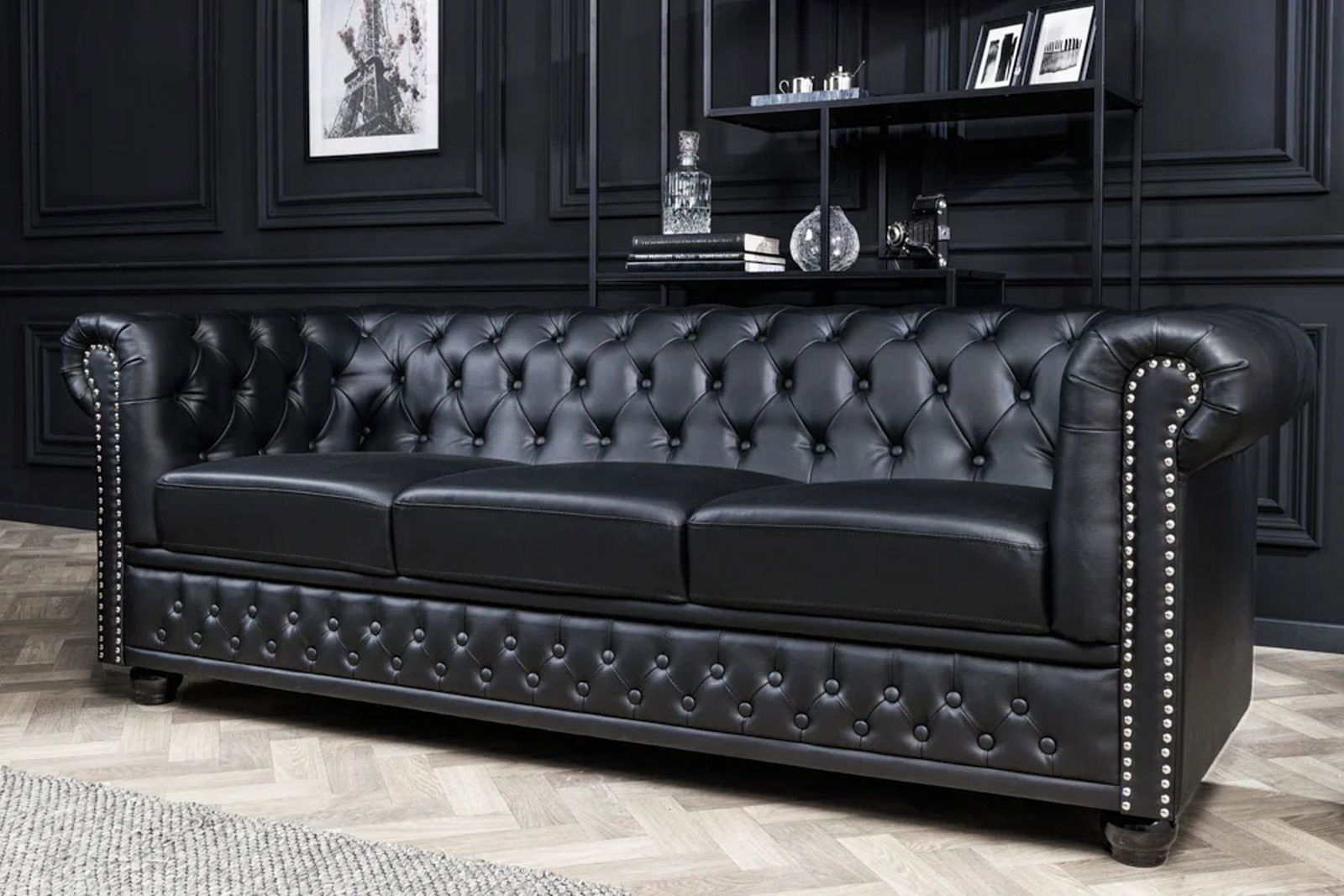 SOFA CHESTERFIELD 3 OSOBOWA IMITACJA SKÓRY CZARNA / 41447 / INVICTA INTERIOR