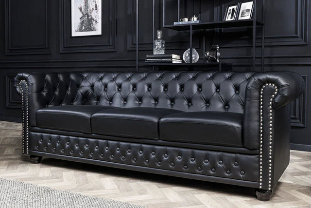 SOFA CHESTERFIELD 3 OSOBOWA IMITACJA SKÓRY CZARNA / 41447 / INVICTA INTERIOR