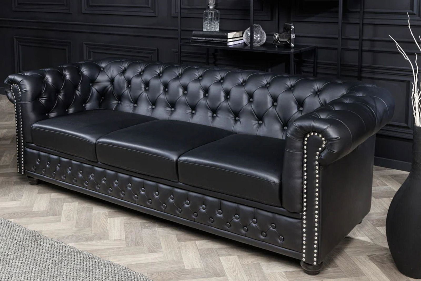 SOFA CHESTERFIELD 3 OSOBOWA IMITACJA SKÓRY CZARNA / 41447 / INVICTA INTERIOR