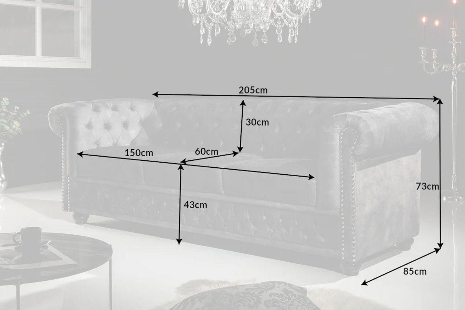 SOFA CHESTERFIELD 3 OSOBOWA SZARA AKSAMIT / 41215 / INVICTA INTERIOR