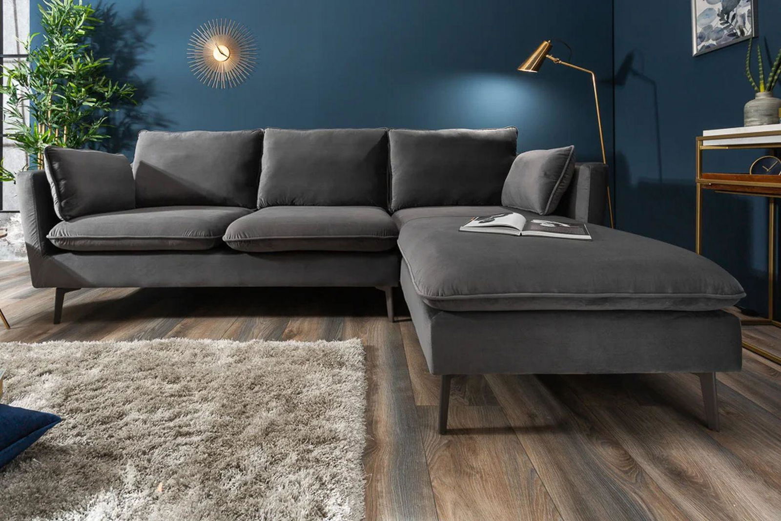 SOFA NAROŻNA FAMOUS 260 CM SZARA AKSAMIT / 40092 / INVICTA INTERIOR