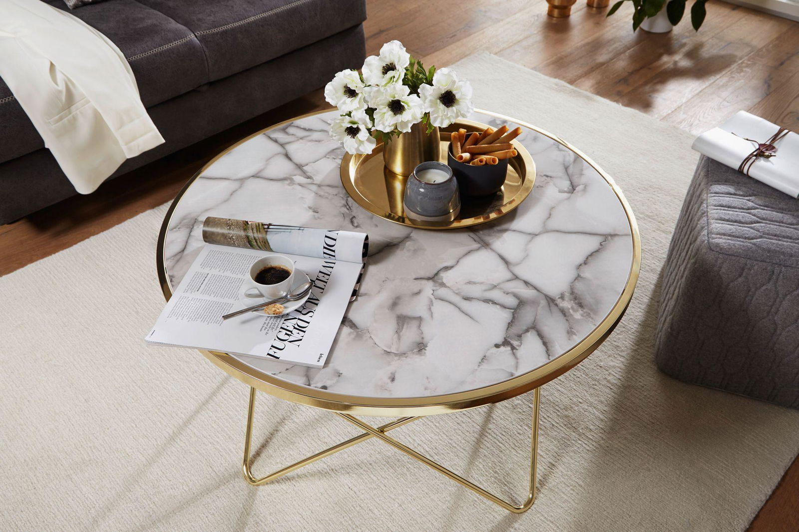 STOLIK KAWOWY OKRĄGŁY 85 CM OPTYKA BIAŁY MARMUR Wohnling /  WL5.998